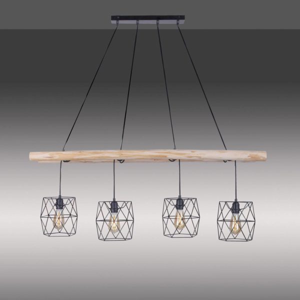 JUST LIGHT. Suspension Edgar en bois, 4 lampes abat-jour cage JUST LIGHT.