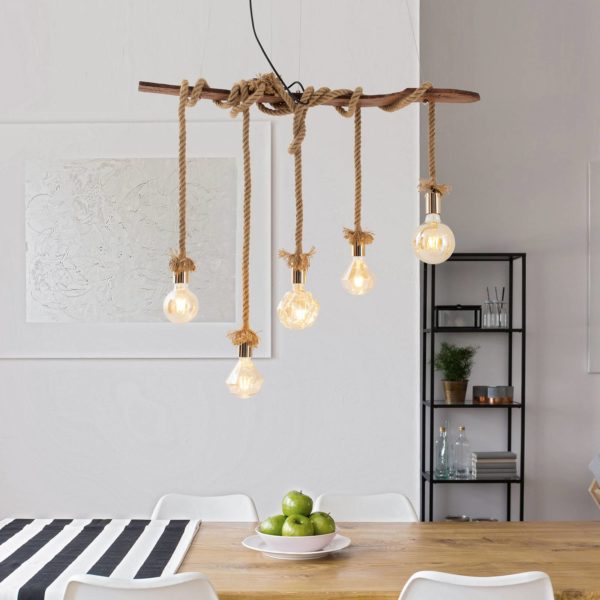 Näve Suspension Rope, à 5 lampes, en bois et en jute Näve