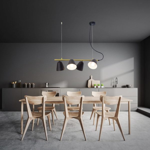 Näve Suspension Triton noire et dorée, quatre lampes Näve