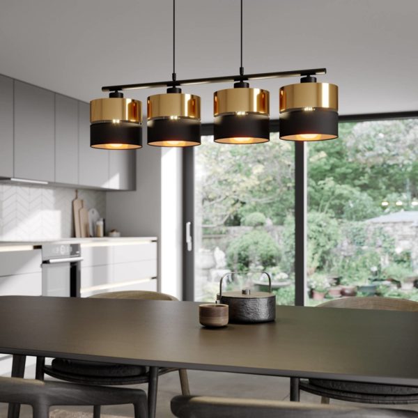 TK Lighting Suspension Hilton, noir/or, à 4 lampes TK Lighting