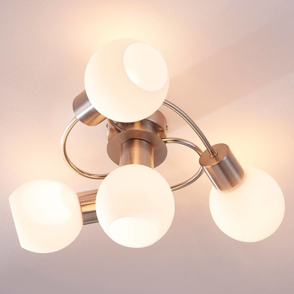 Lindby plafonnier Ciala, 4 lampes, couleur nickel, verre LINDBY